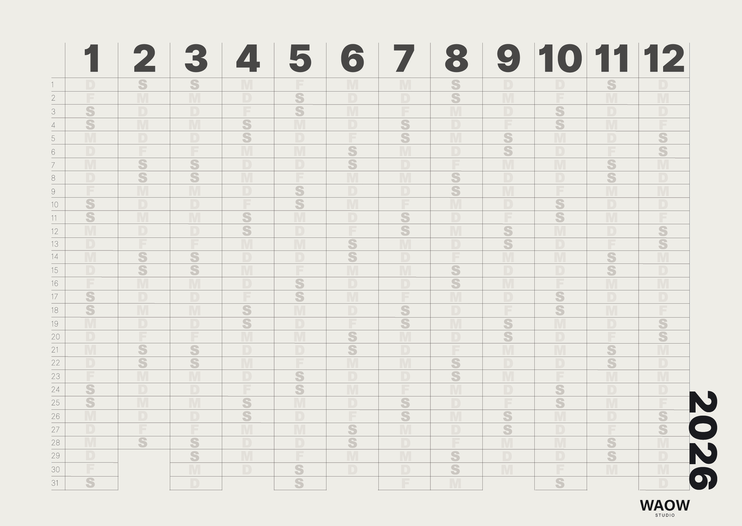 Jahresplaner 2026 A1 – Minimalistischer Wandkalender Grau (Querformat)